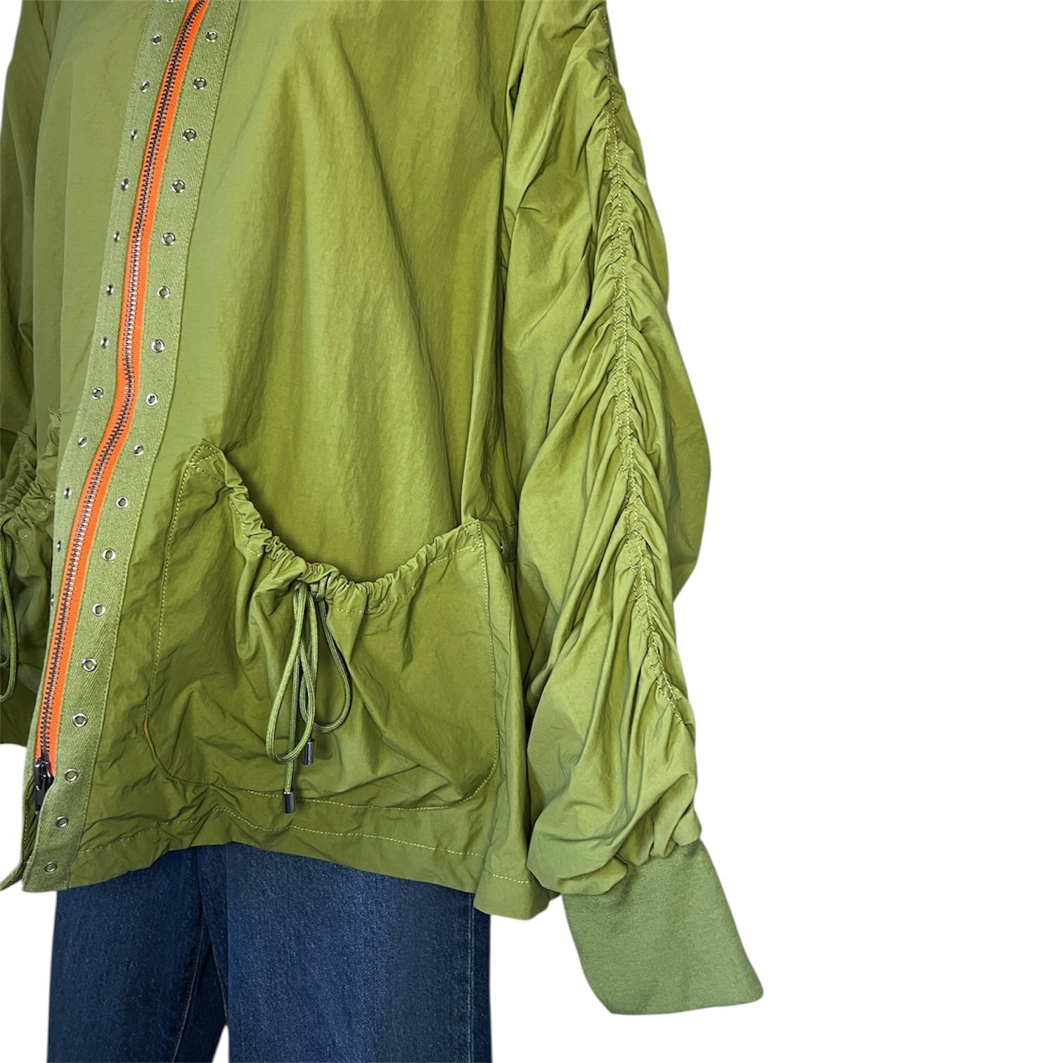 Free People Oversized Khaki Ruched Utility Jacket – Zip Bomber, S – pre-loved