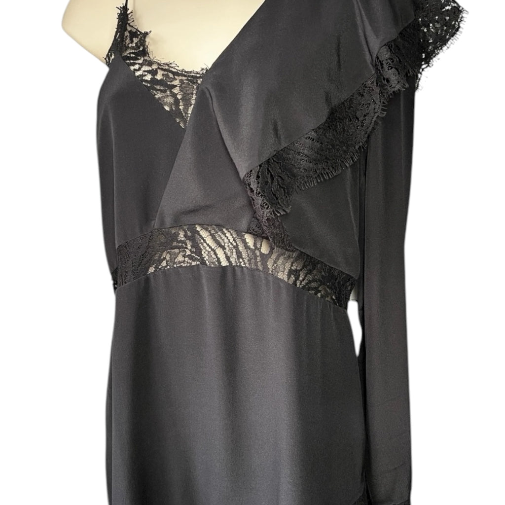 IRO Paris Silk One-Shoulder Lace Slip Mini Dress – Black, FR40 – pre-loved