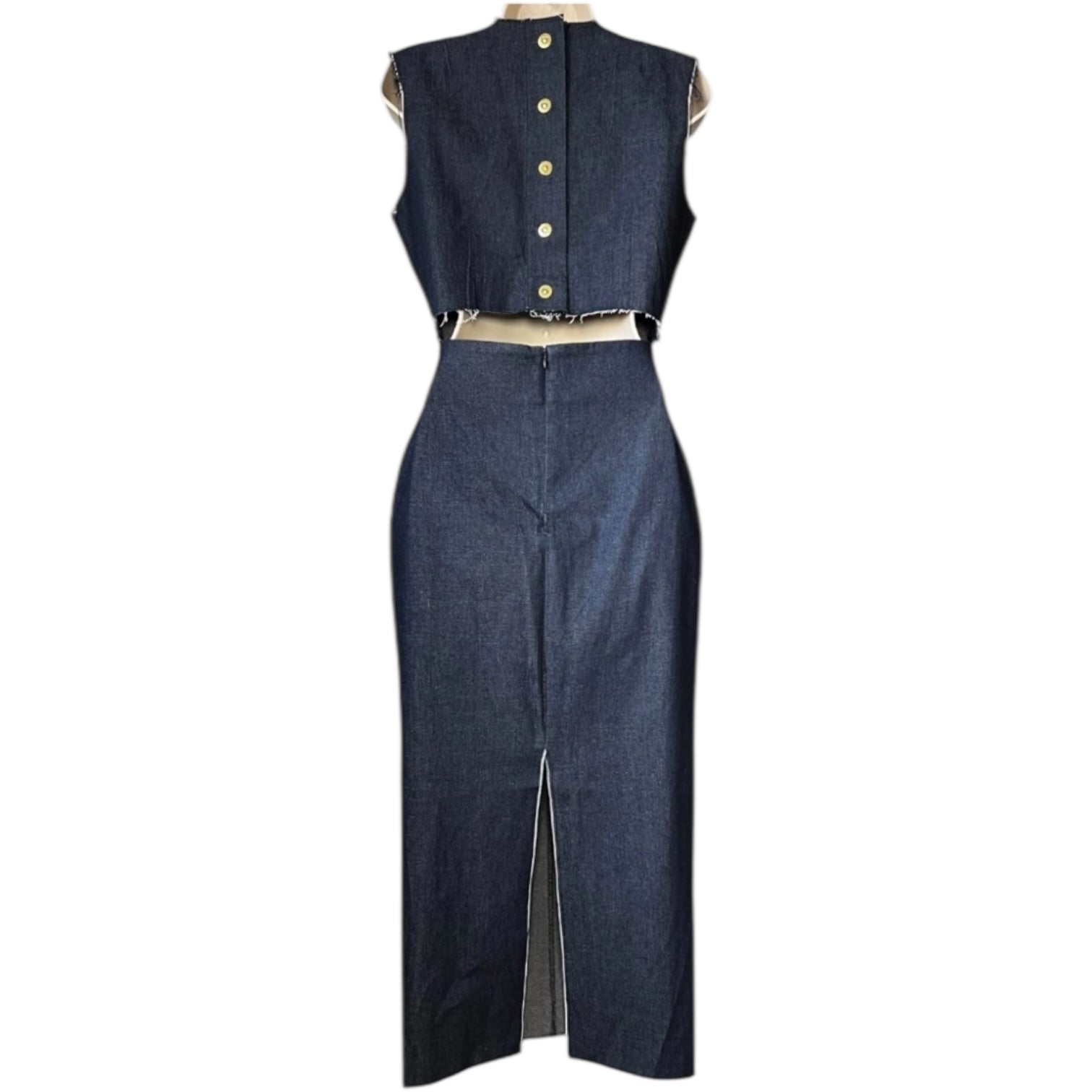 Solace Denim Chambray Midi Dress – Cut-Out Button Back, UK10 – pre-loved