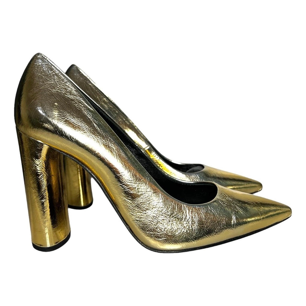 Casadei Gold Metallic Foil Leather Block Heel Pumps – EU 37