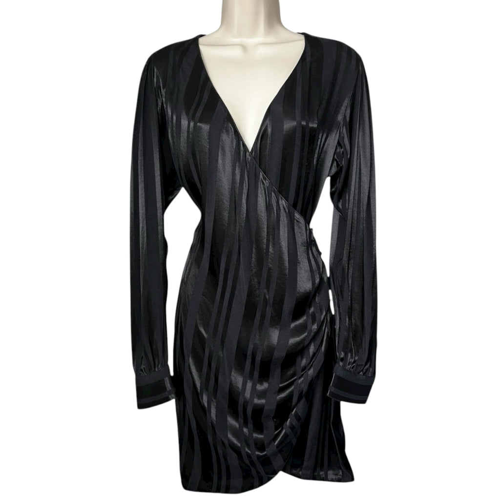 Anine Bing Black Satin-Jacquard Wrap Mini Dress – M – pre-loved