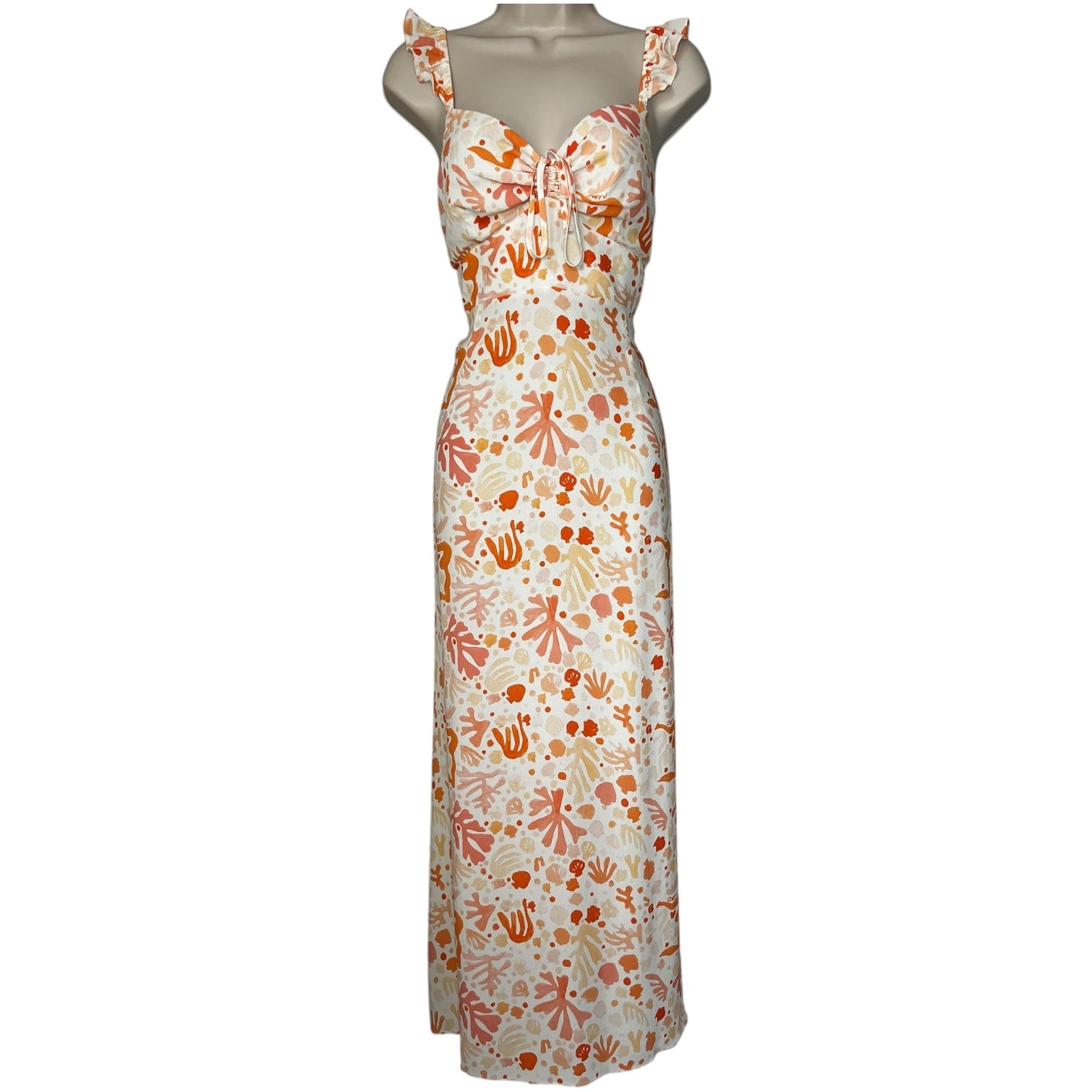 RIXO Cecile Maxi Dress – Ruffled Shell Print Crepe, Summer Wedding Guest Style, Size L – pre-loved