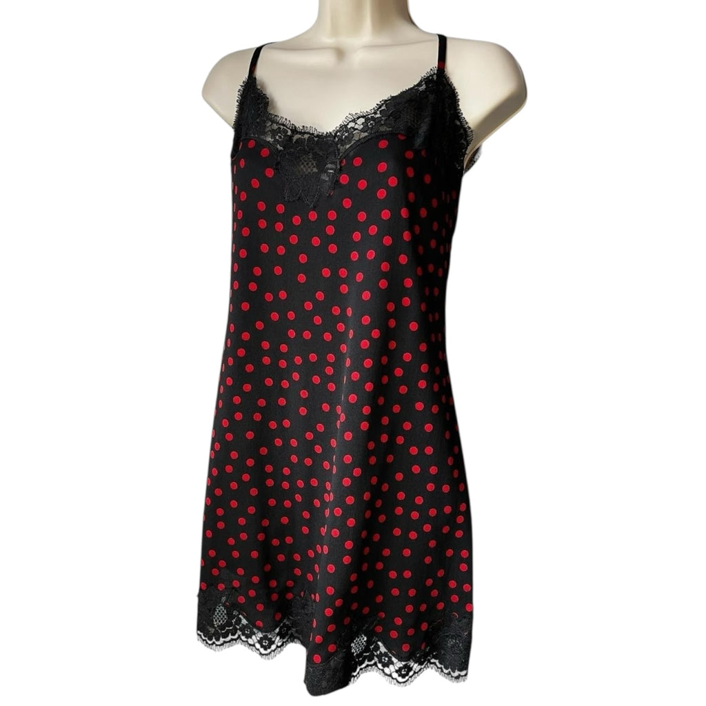 Dolce & Gabbana Polka Dot Lace Trim Silk Slip Mini Dress – Black/Red, L – pre-loved