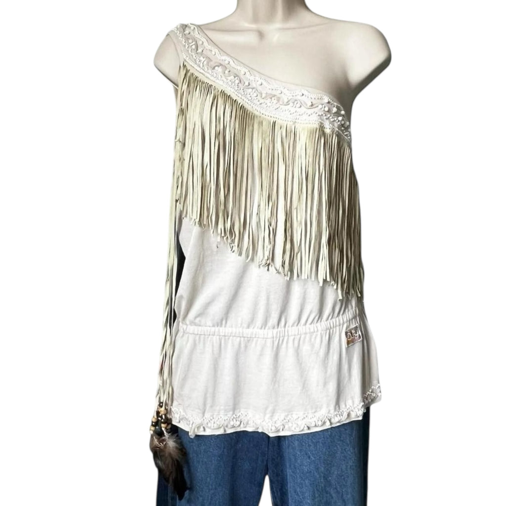 Vintage D&G Dolce & Gabbana Beaded Fringe Top – One Shoulder, IT42 – pre-loved