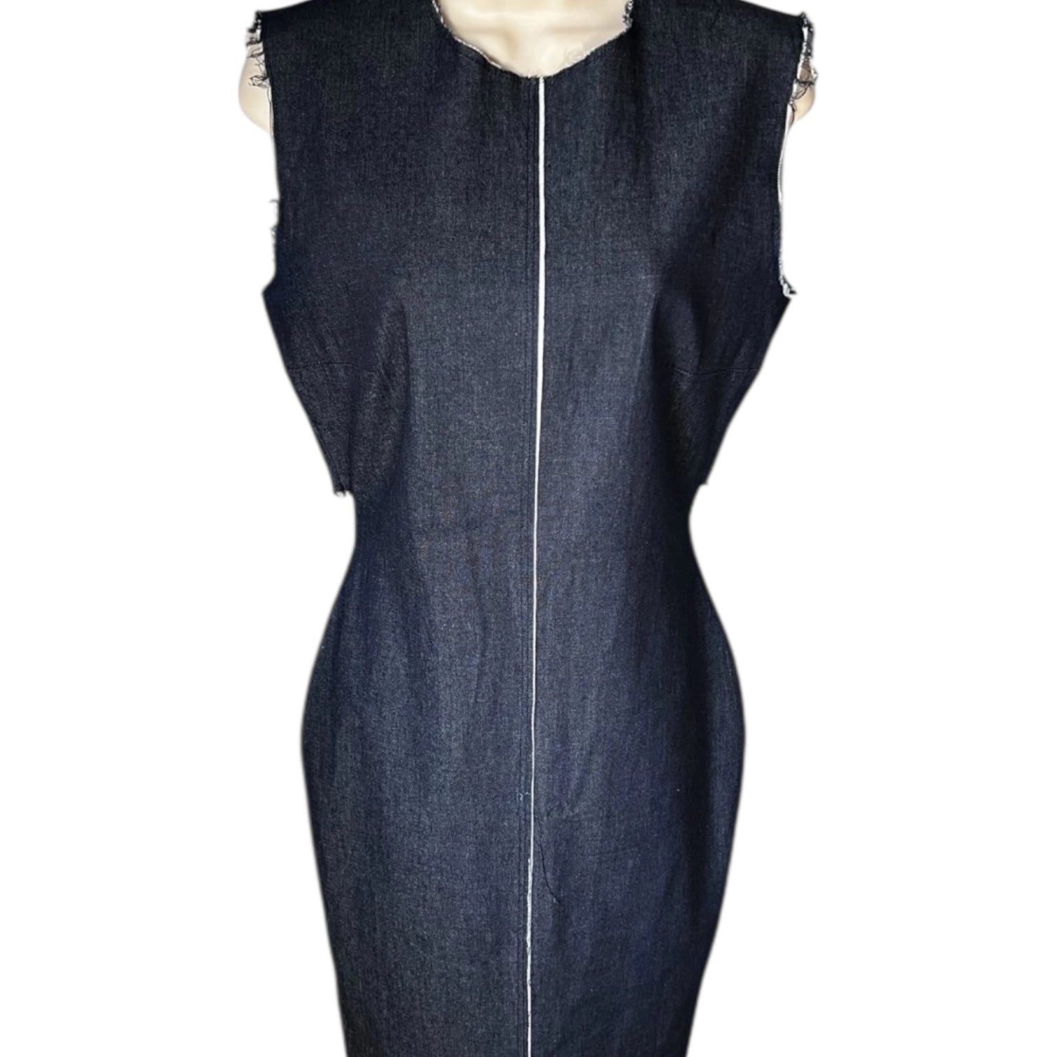 Solace Denim Chambray Midi Dress – Cut-Out Button Back, UK10 – pre-loved
