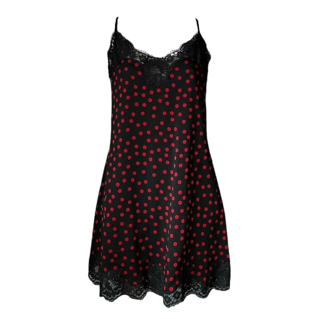 Dolce & Gabbana Polka Dot Lace Trim Silk Slip Mini Dress – Black/Red, L – pre-loved
