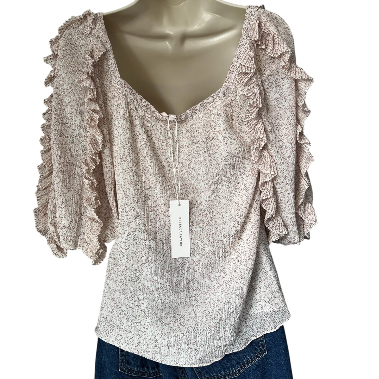 Rebecca Taylor Silk-Cotton Square Neck Ruffle Blouse – US0 (UK6)