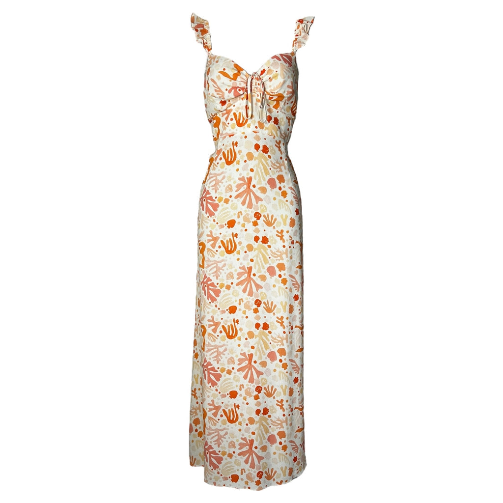 RIXO Cecile Maxi Dress – Ruffled Shell Print Crepe, Summer Wedding Guest Style, Size L – pre-loved