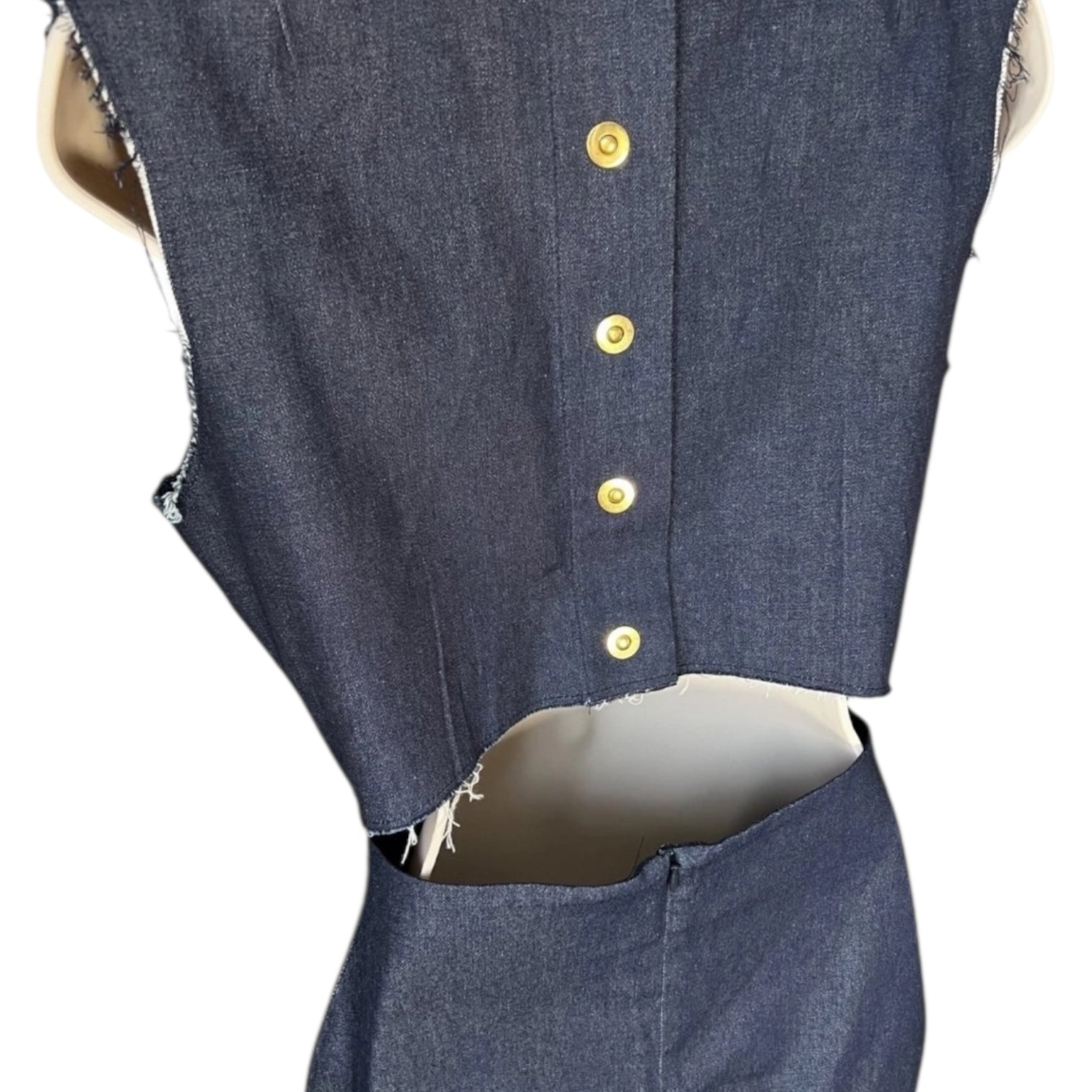 Solace Denim Chambray Midi Dress – Cut-Out Button Back, UK10 – pre-loved