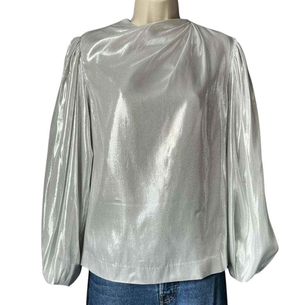 By Malina Metallic Silk Blend Draped Long Balloon Sleeve Blouse – XS – pre-loved