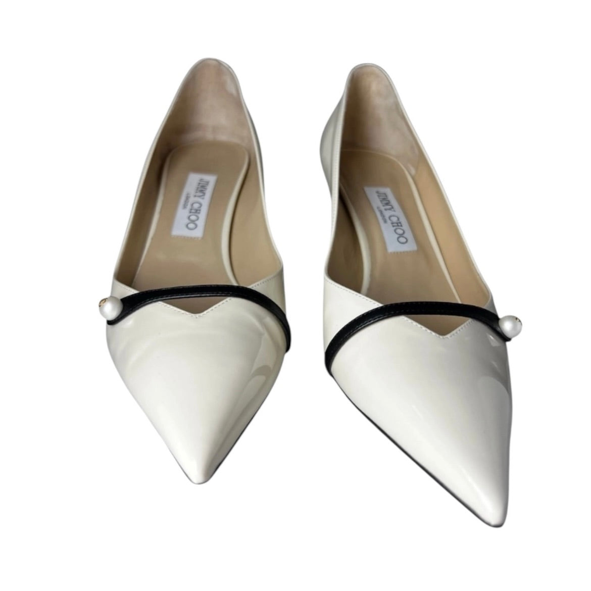 Jimmy Choo Rosalia Patent Leather Pointed Pumps – Latte with Pearl Detail, EU 40