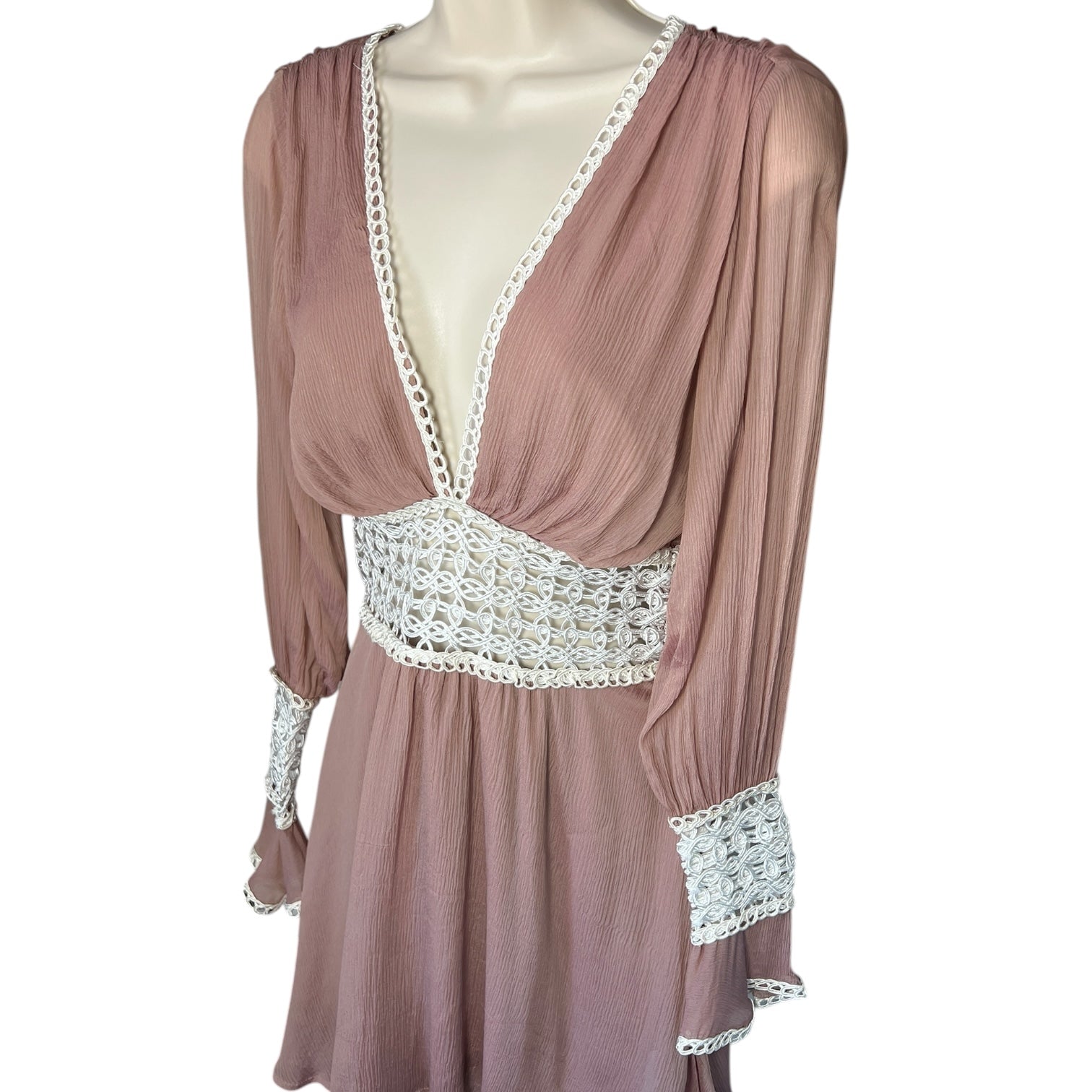 For Love & Lemons Silk Lace V Neck Long Sleeve Mini Dress – XS