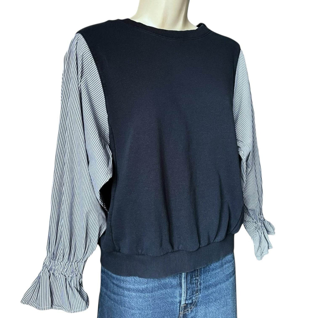 Essentiel Antwerp Cotton Sweatshirt – Striped Poplin Sleeves, Relaxed Fit, UK 8 – pre-loved
