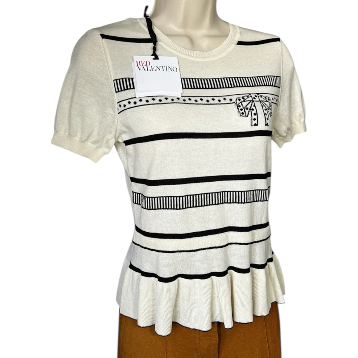 Red Valentino Intarsia Knit Peplum Short Sleeve Top – S – pre-loved