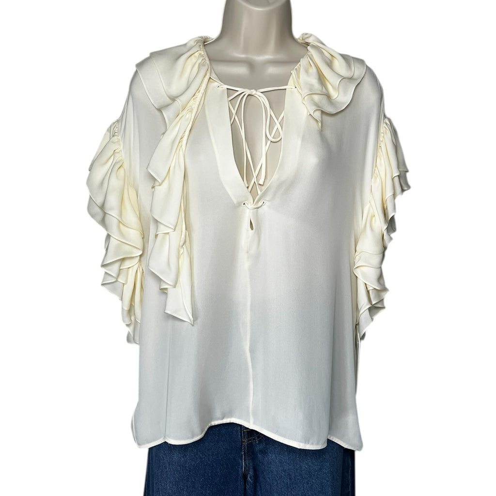 Khaite Dee Silk Ruffled Tie Blouse – L – pre-loved