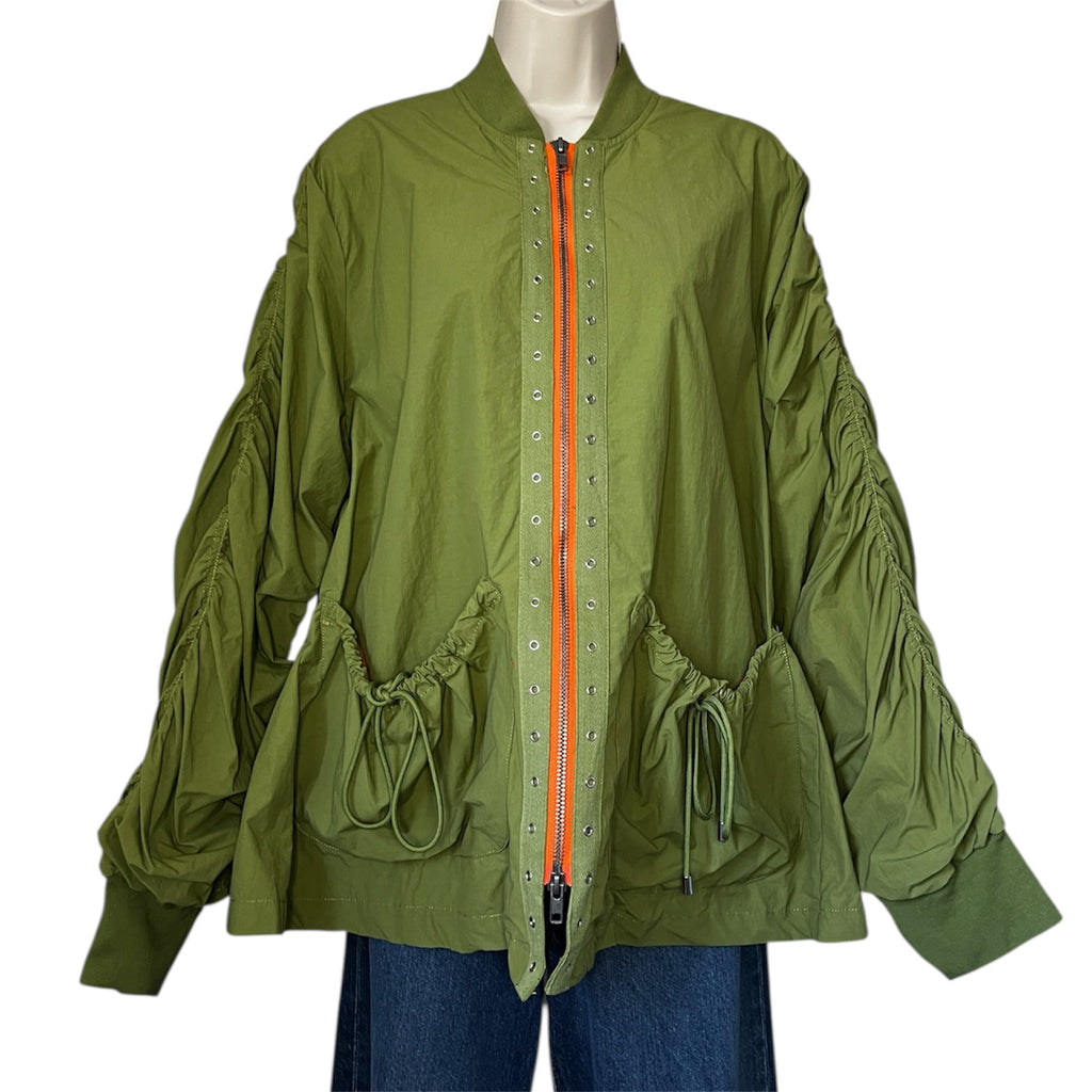 Free People Oversized Khaki Ruched Utility Jacket – Zip Bomber, S – pre-loved