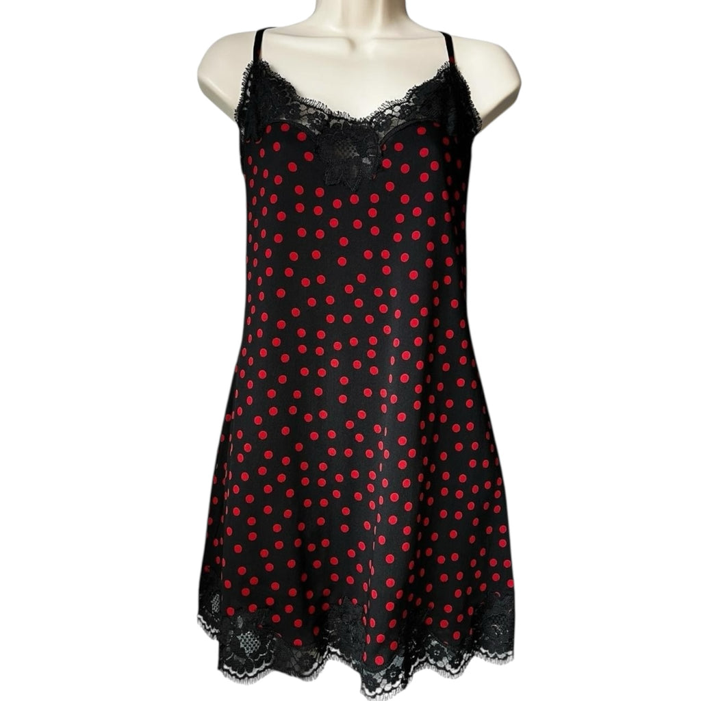 Dolce & Gabbana Polka Dot Lace Trim Silk Slip Mini Dress – Black/Red, L – pre-loved