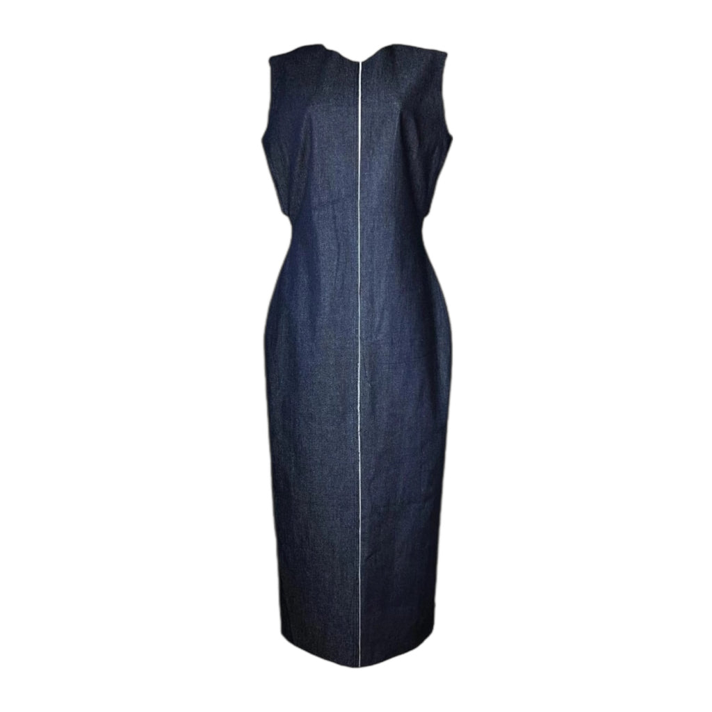 Solace Denim Chambray Midi Dress – Cut-Out Button Back, UK10 – pre-loved