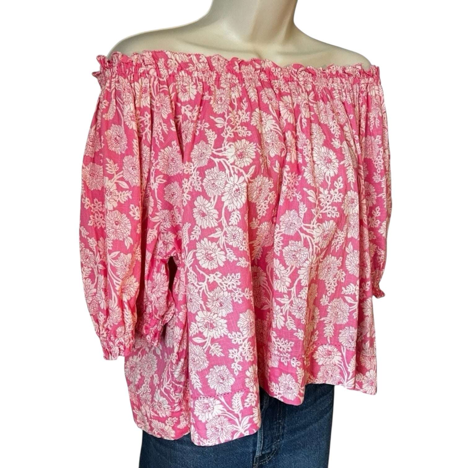 The Great Off-Shoulder Floral Top – Boho Prairie Style, Pink Cotton Poplin, Size 2 (M) – pre-loved