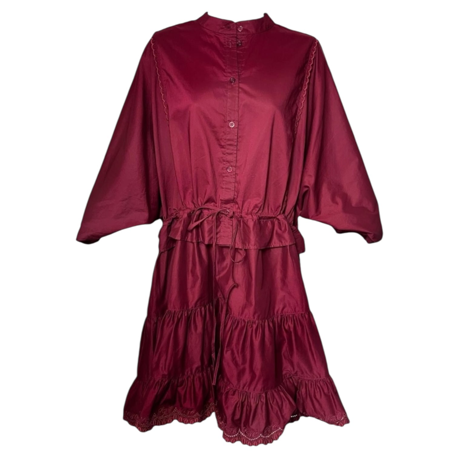 See By Chloé Tiered Ruffle Mini Dress – Red Broderie, Drawstring Waist, FR38 – pre-loved