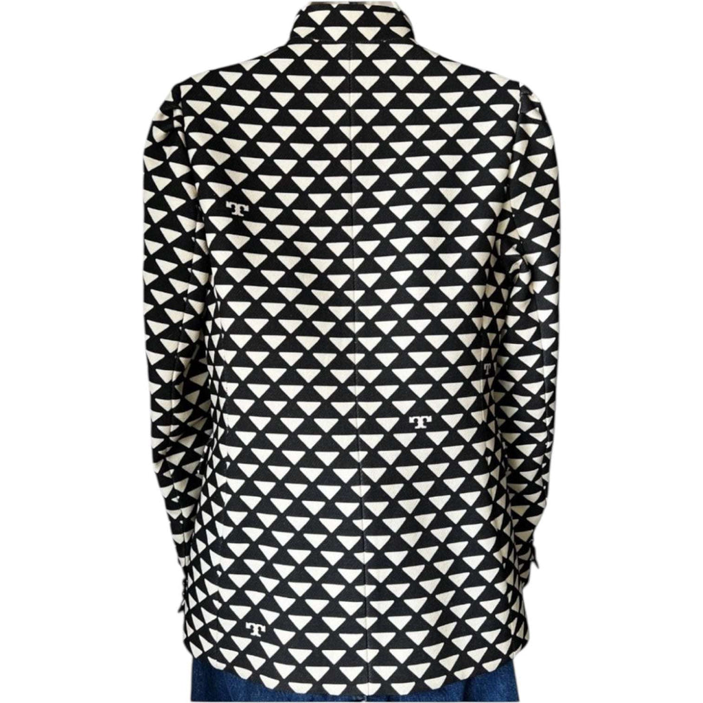 Tory Burch Triangle Geo Twill Crepe Jacket – Structured, Beige/Black, Size US 4 – pre-loved