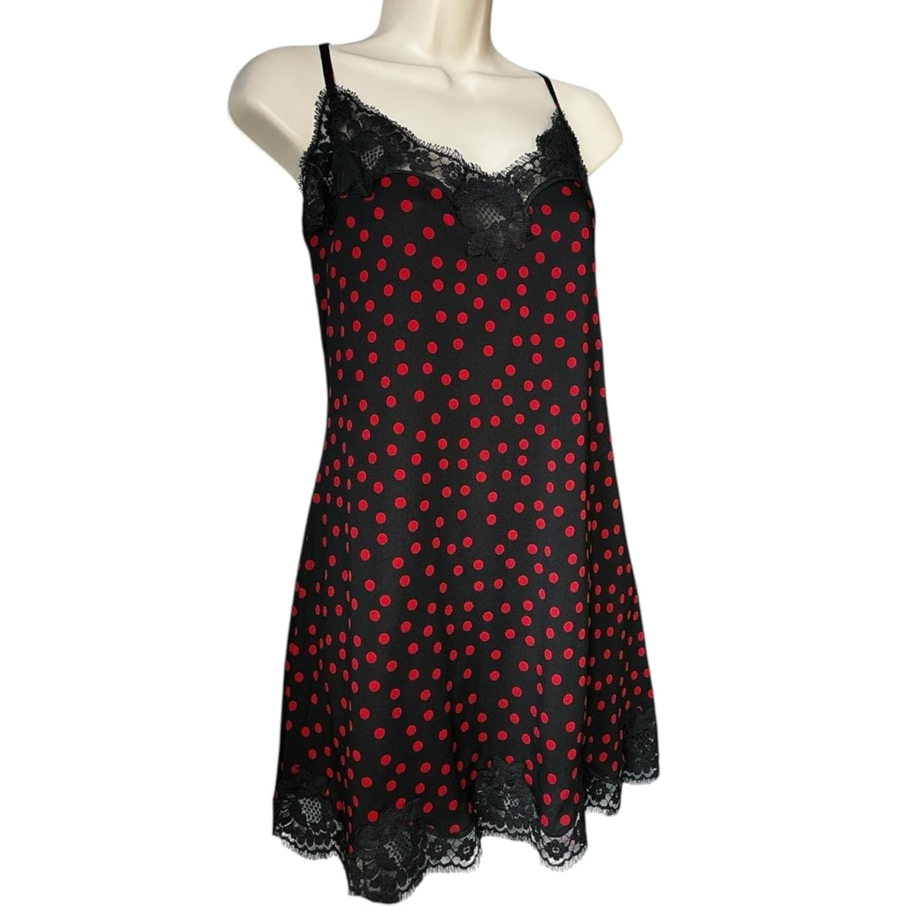 Dolce & Gabbana Polka Dot Lace Trim Silk Slip Mini Dress – Black/Red, L – pre-loved