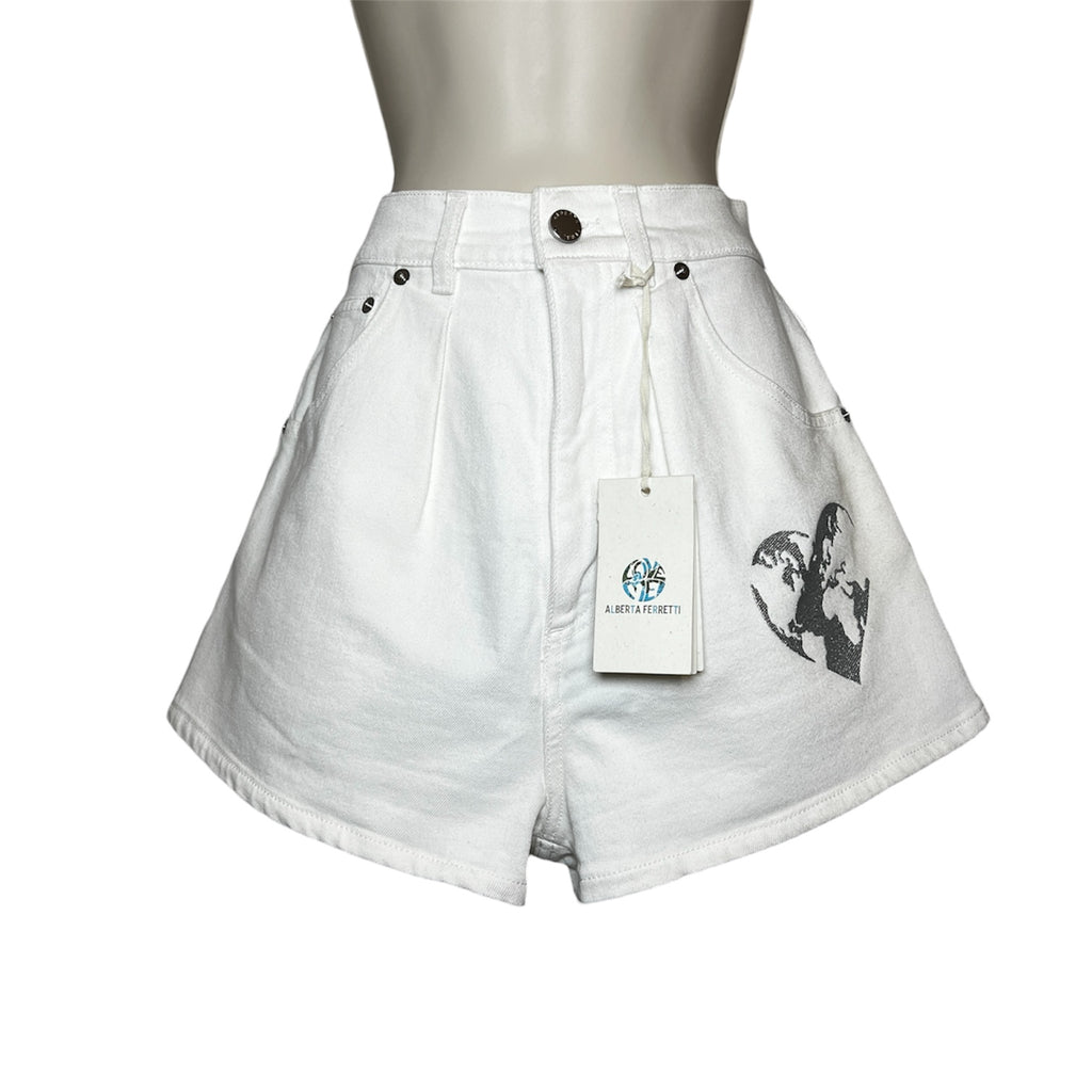 Alberta Ferretti Denim High-Rise Heart Embroidered Mini Shorts – UK8 – pre-loved