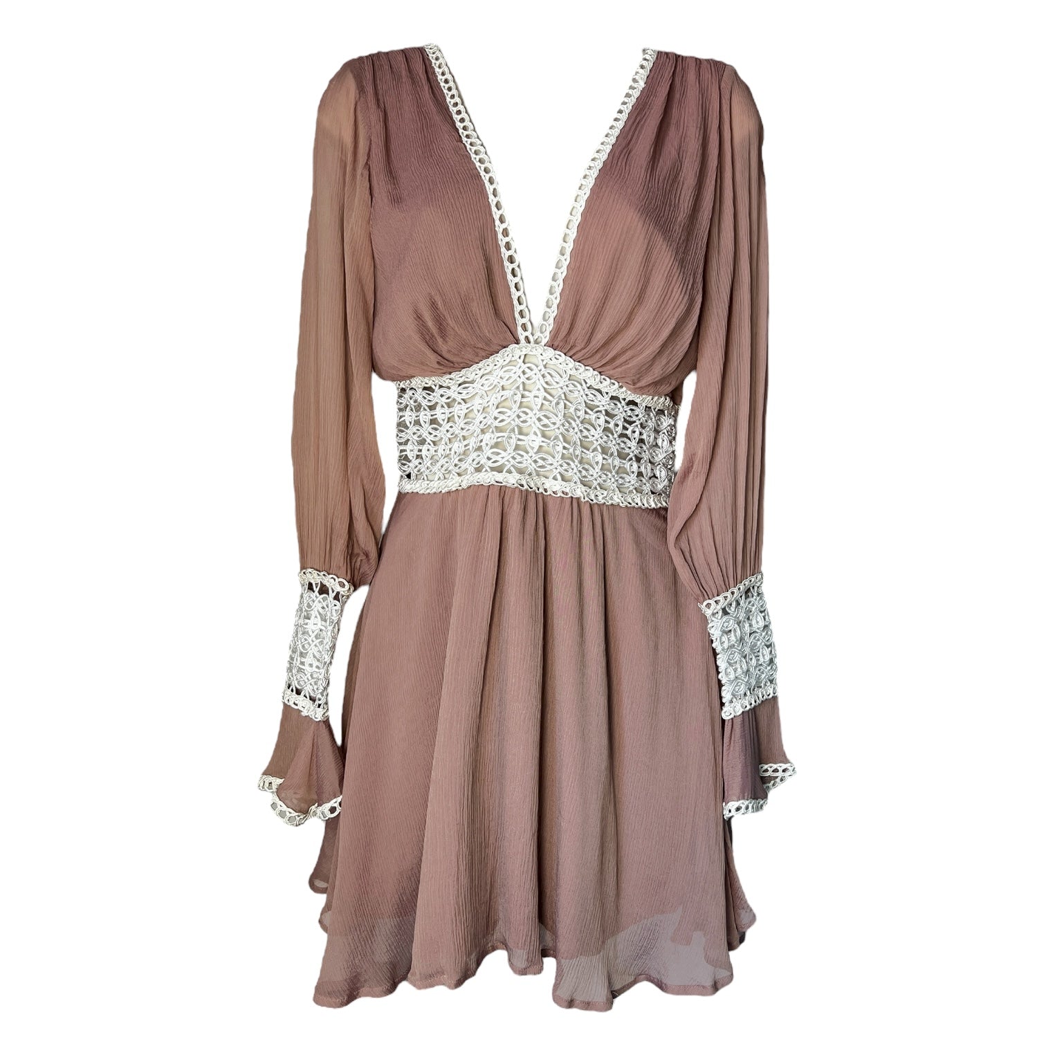 For Love & Lemons Silk Lace V Neck Long Sleeve Mini Dress – XS