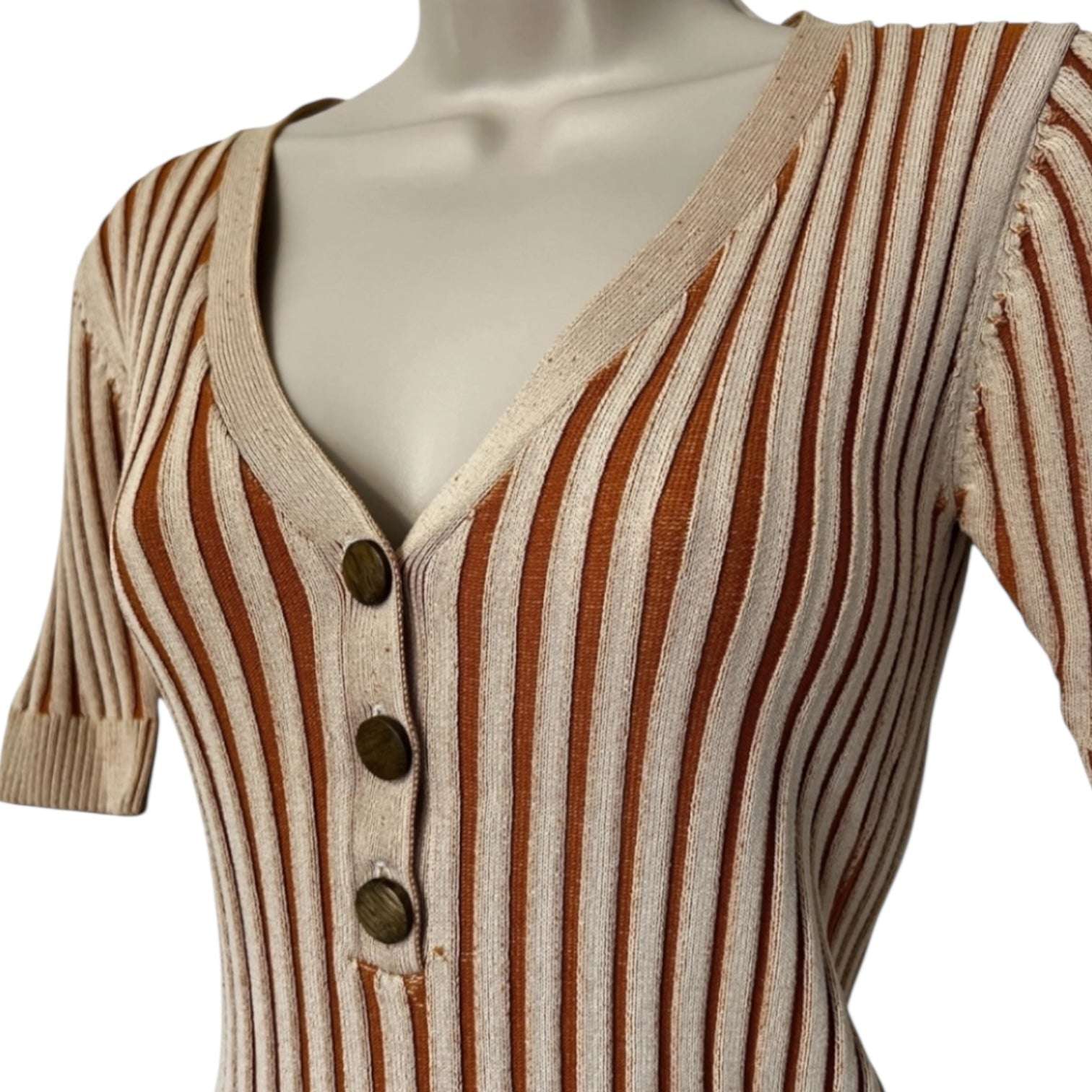 Nicholas Ribbed Knit Button Front V-Neck Short Sleeve Top – XS – pre-loved