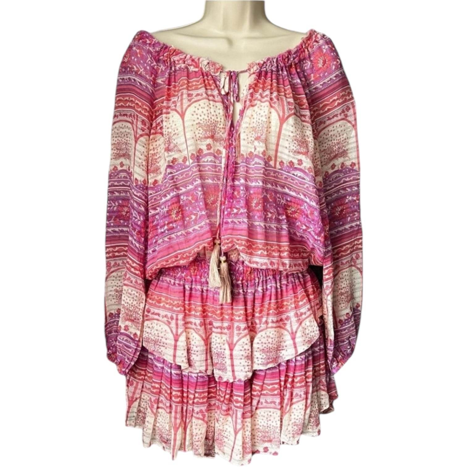 LoveShackFancy Silk Off-Shoulder Tiered Mini Dress – L – pre-loved