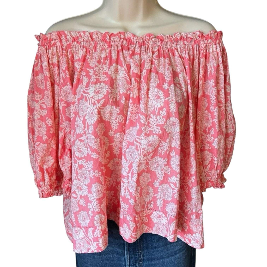 The Great Off-Shoulder Floral Top – Boho Prairie Style, Pink Cotton Poplin, Size 2 (M) – pre-loved