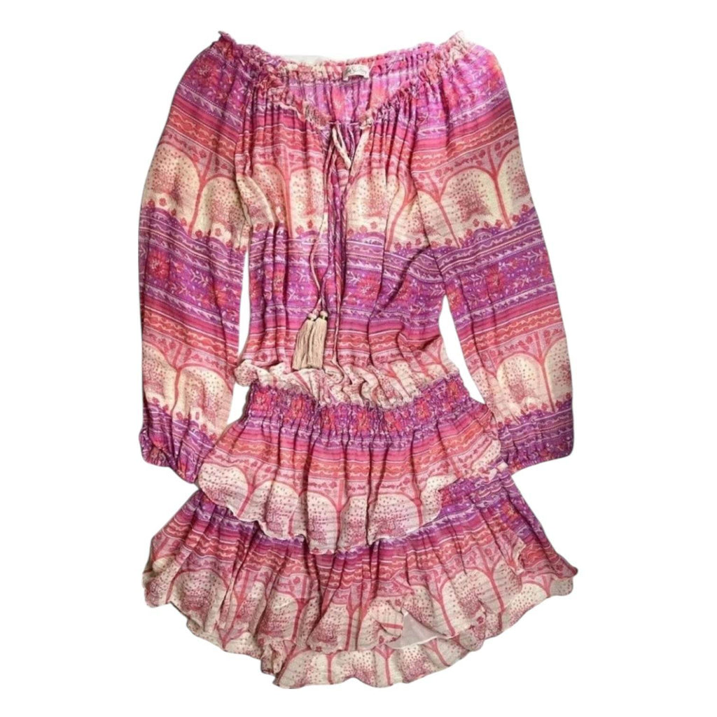 LoveShackFancy Silk Off-Shoulder Tiered Mini Dress – L – pre-loved