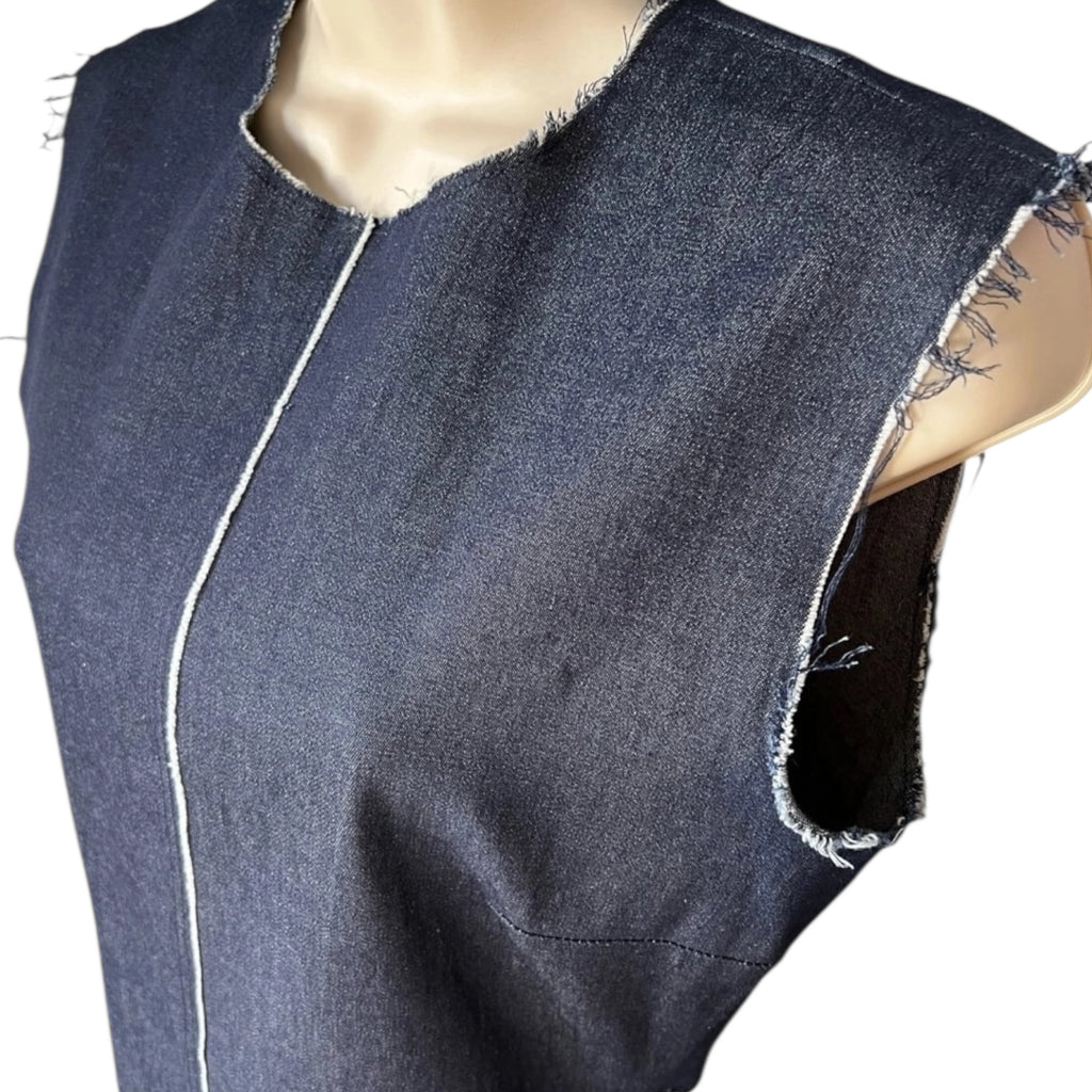 Solace Denim Chambray Midi Dress – Cut-Out Button Back, UK10 – pre-loved