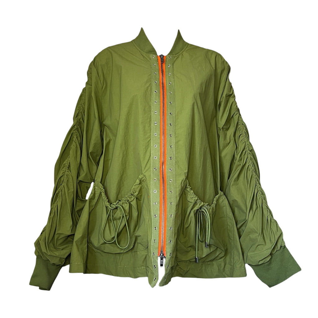Free People Oversized Khaki Ruched Utility Jacket – Zip Bomber, S – pre-loved