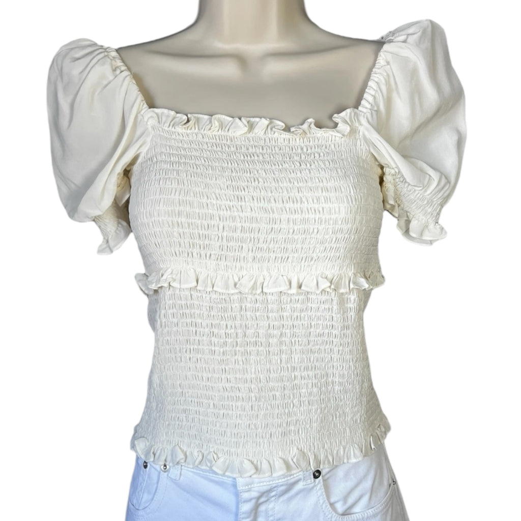 Cinq à Sept Square Neck Puff Sleeves Smocked Ruffle Silk Top – S – pre-loved