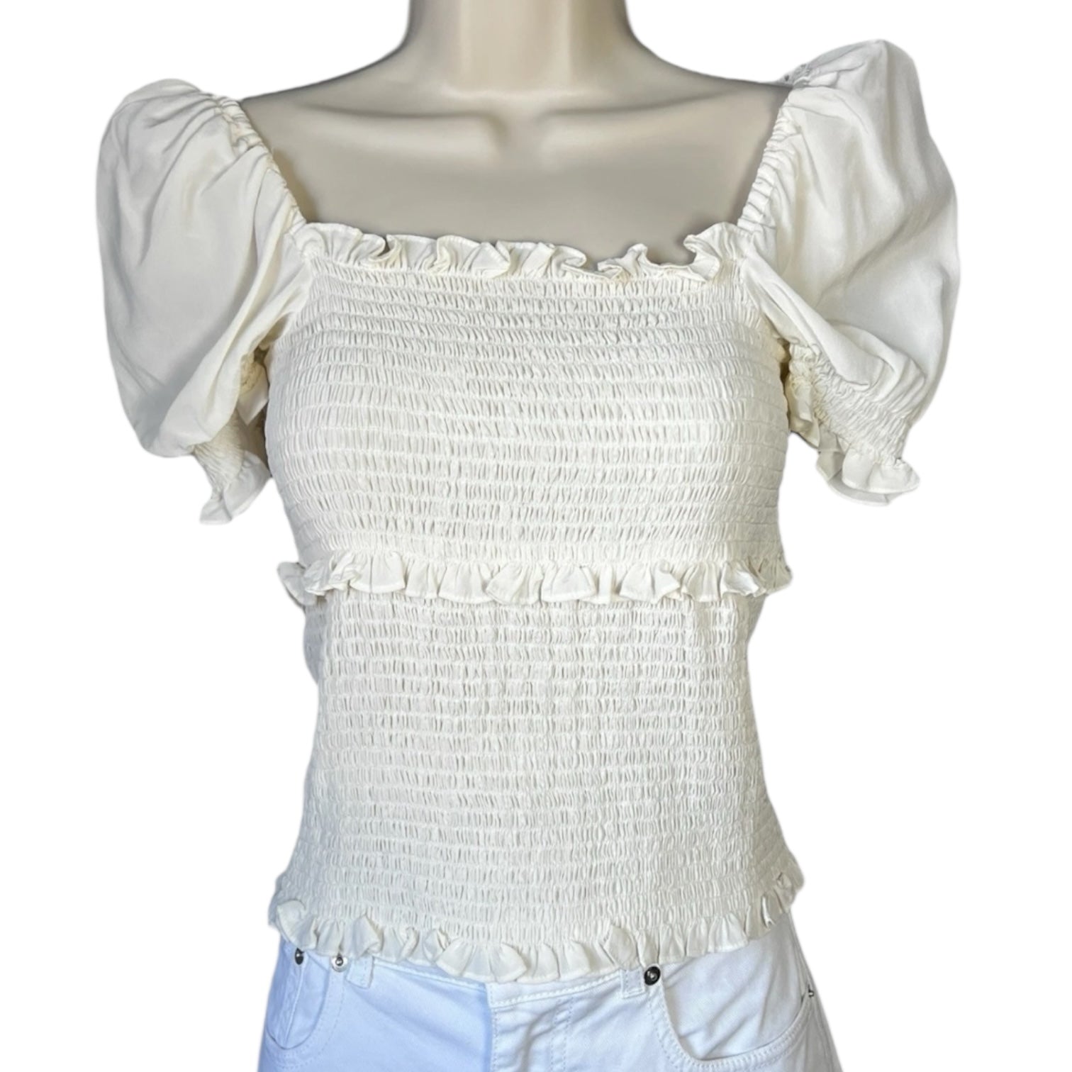 Cinq à Sept Square Neck Puff Sleeves Smocked Ruffle Silk Top – S
