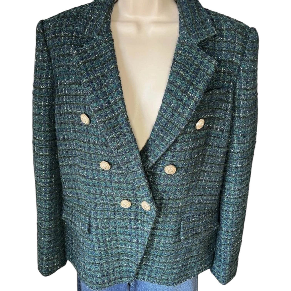 Generation Love Kaya Blazer – Metallic Hunter Green Tweed, Size L – pre-loved
