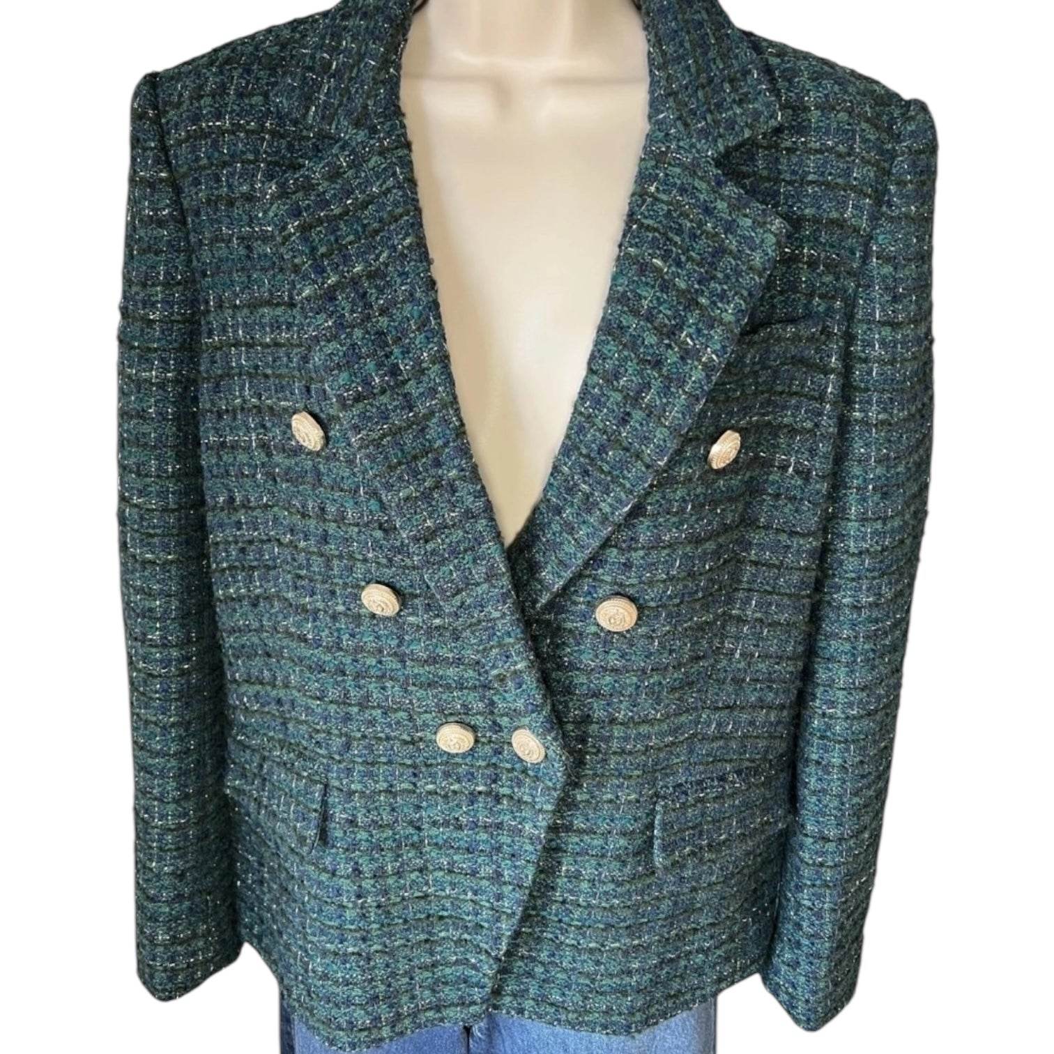 Generation Love Kaya Blazer – Metallic Hunter Green Tweed, Size L – pre-loved