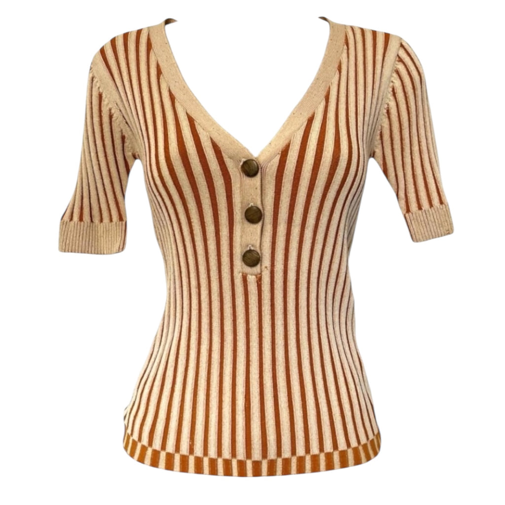 Nicholas Ribbed Knit Button Front V-Neck Short Sleeve Top – XS – pre-loved