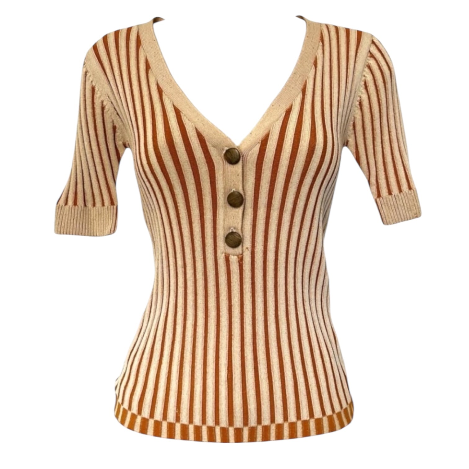 Nicholas Ribbed Knit Button Front V-Neck Short Sleeve Top – XS – pre-loved