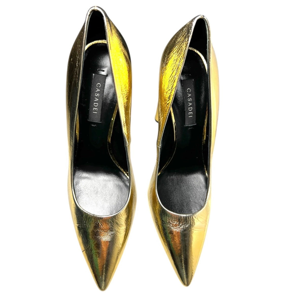 Casadei Gold Metallic Foil Leather Block Heel Pumps – EU 37