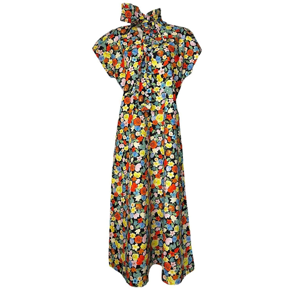 Ganni Floral Cotton Midi Dress – Ruffle Tie Neck, Boho Cottagecore Style, Size 38 (UK10) – pre-loved