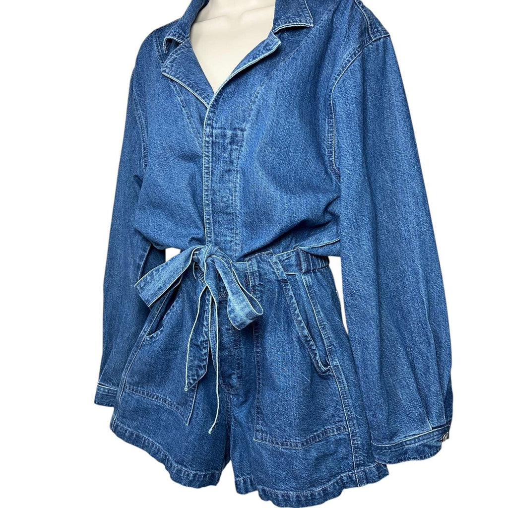 GRLFRND Tianna Denim Utility Short Jumpsuit – Waist-Tie Romper, M