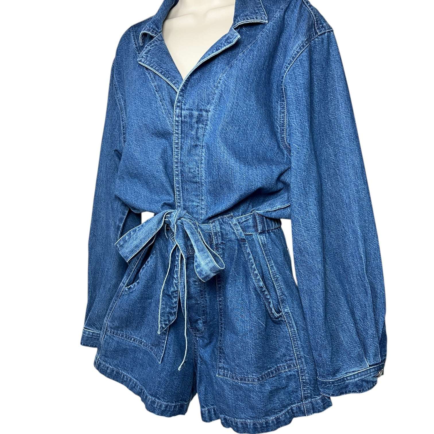 GRLFRND Tianna Denim Utility Short Jumpsuit – Waist-Tie Romper, M