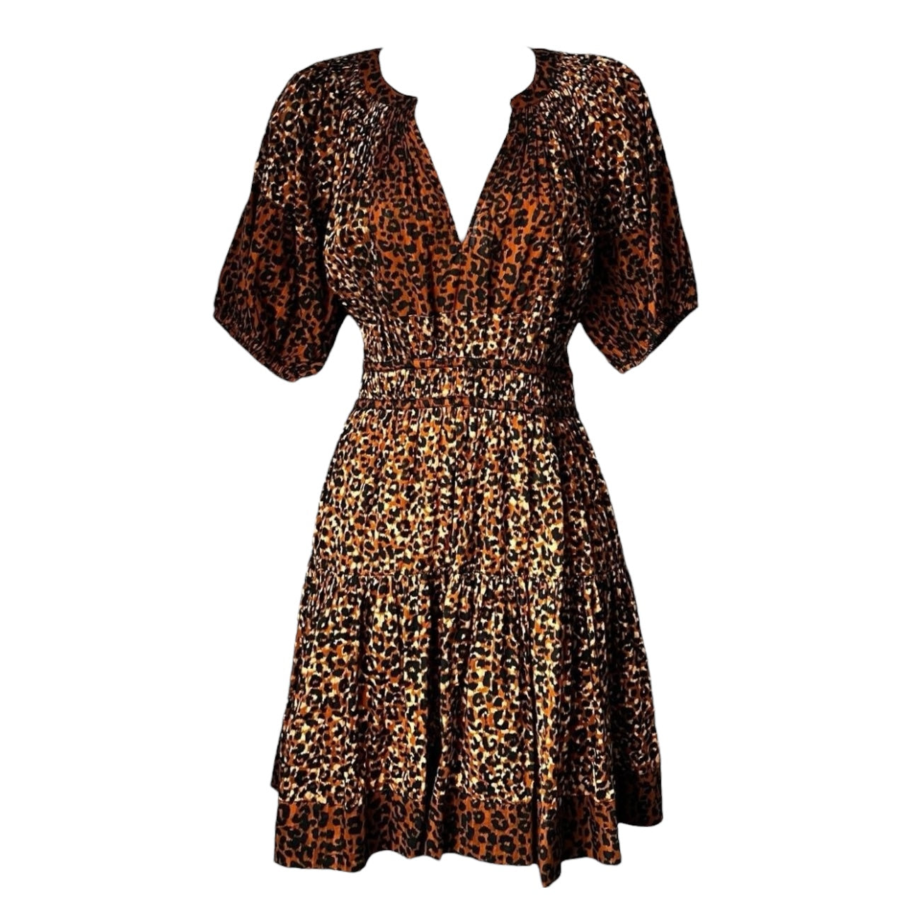 Ulla Johnson Mariana Leopard Print Tiered Cotton Mini Dress – US6