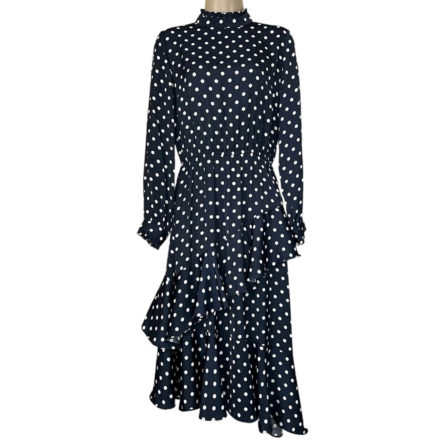 Essentiel Antwerp Polka Dot Ruffle High Neck Tiered Midi Dress – EU36 – pre-loved