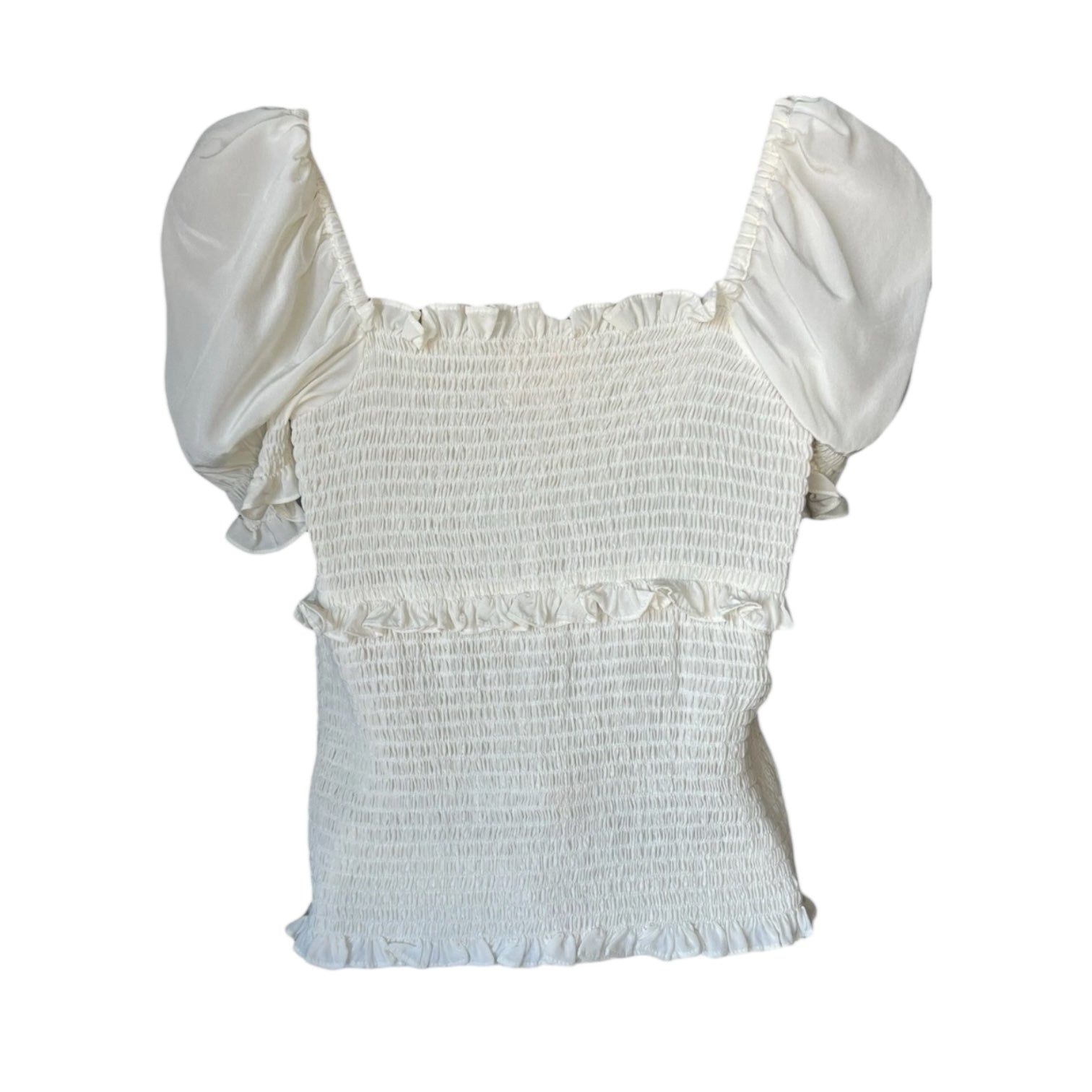 Cinq à Sept Square Neck Puff Sleeves Smocked Ruffle Silk Top – S