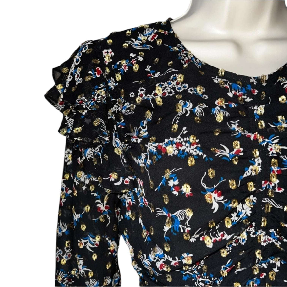 Veronica Beard Ruched Metallic Floral Mini Dress – US4 (UK8) – pre-loved