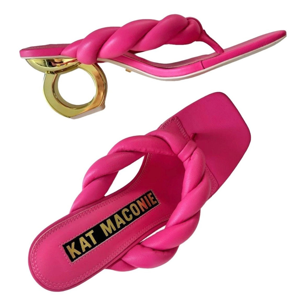 Kat Maconie Puff Braid Square-Toe Chain Heel Sandals – Dragonfruit Pink, UK6