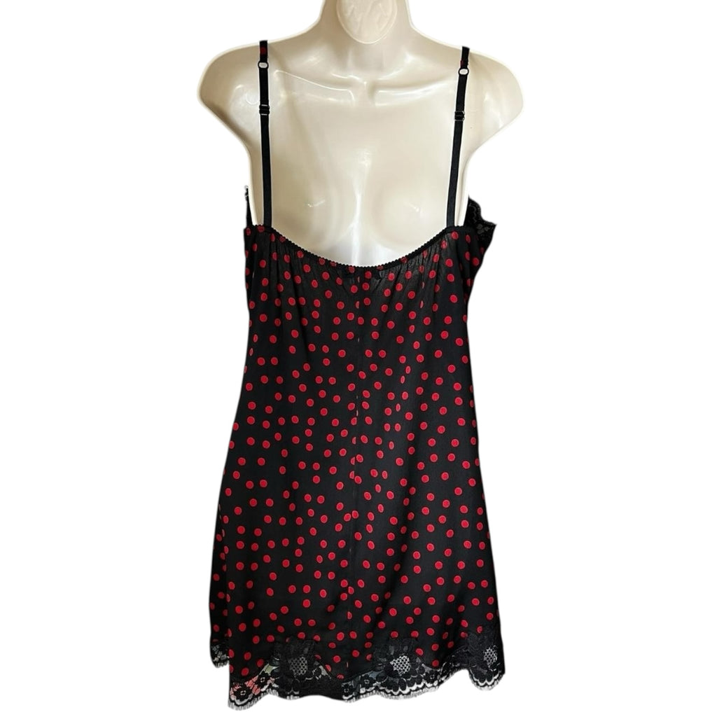 Dolce & Gabbana Polka Dot Lace Trim Silk Slip Mini Dress – Black/Red, L – pre-loved